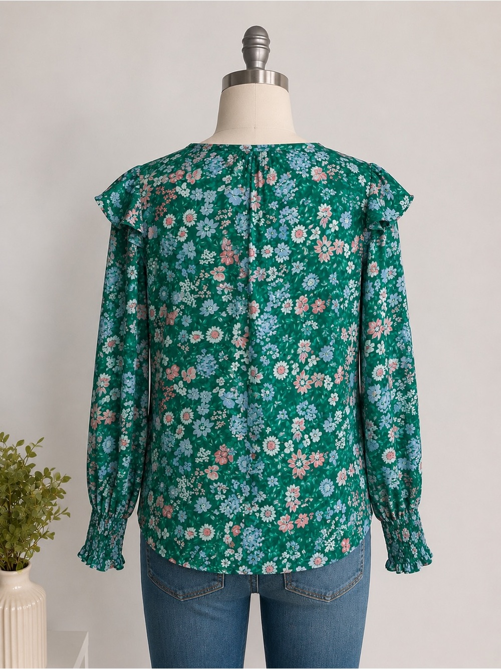 LOFT Green Floral Ruffle Yoke Blouse - Picture 2 of 8